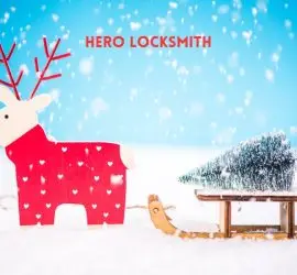 cartoon reindeer pulling a Christmas tree on a sledge